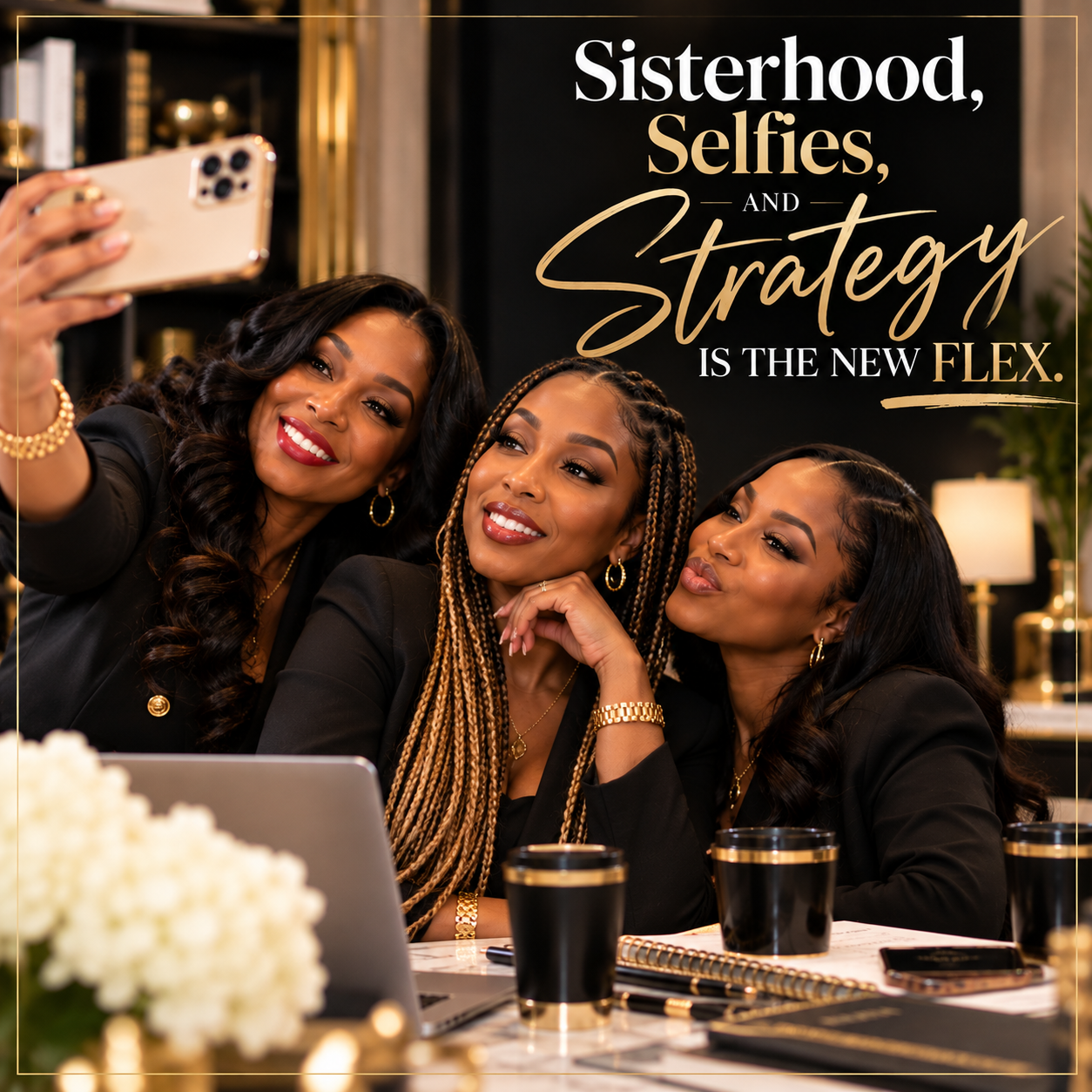 Three women sharing a selfie while connecting over business strategy