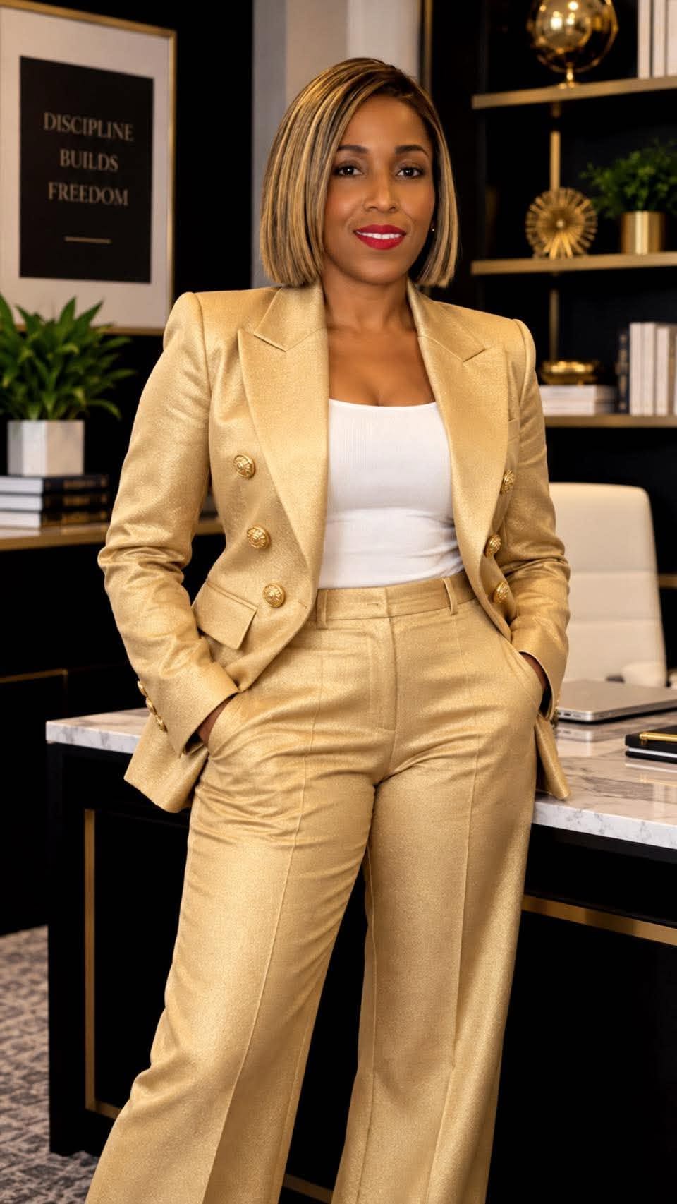 Tiwangi Rochelle in a gold suit in her office