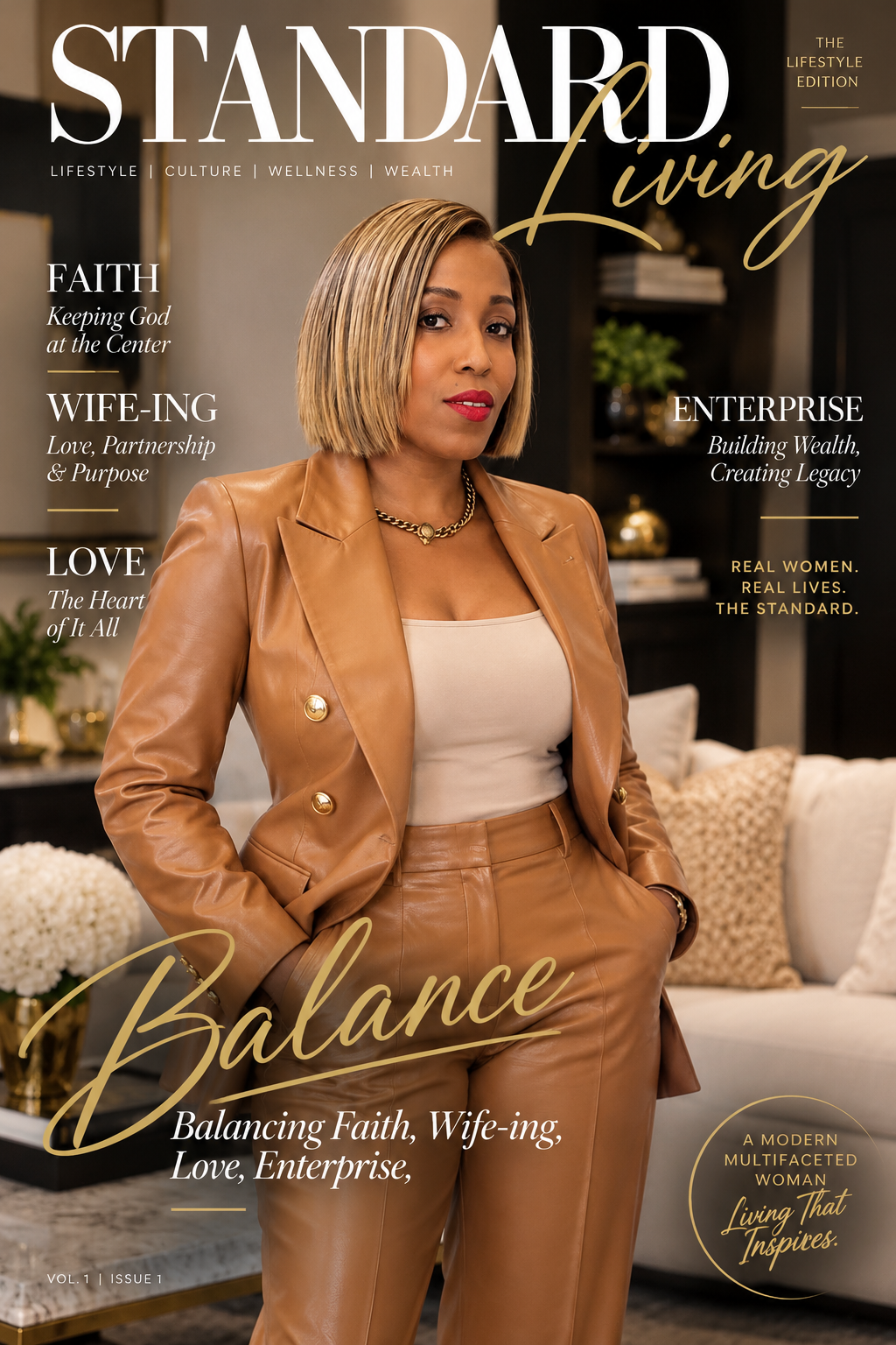 Standard Living featured edition cover — Tiwangi Rochelle in a brown leather suit