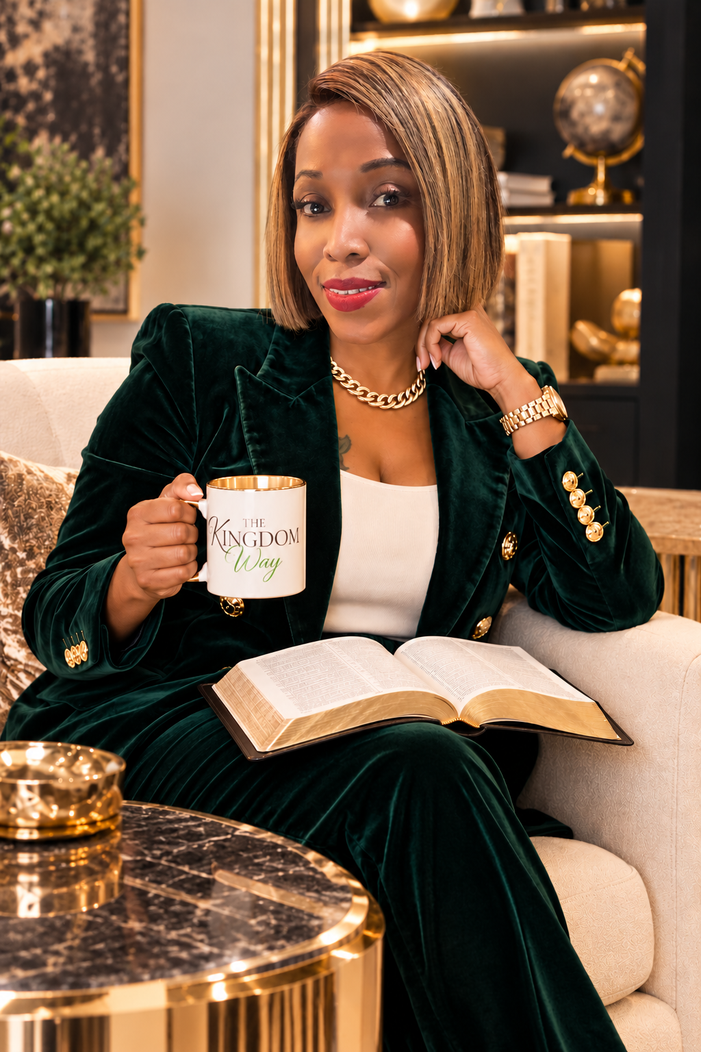 Tiwangi Rochelle in an emerald suit in her office